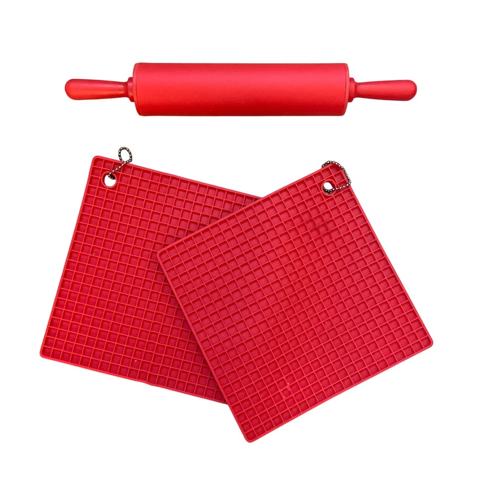Red Silicone Rolling Pin and Pot Holders Set Kitchen Baking Tools Small‎ Space